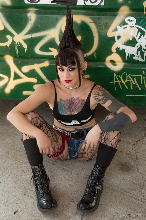 Amelia Dire: Asian Brunette Pulls Down Her Fishnets to Spread in an Alley – photo 3 of 17