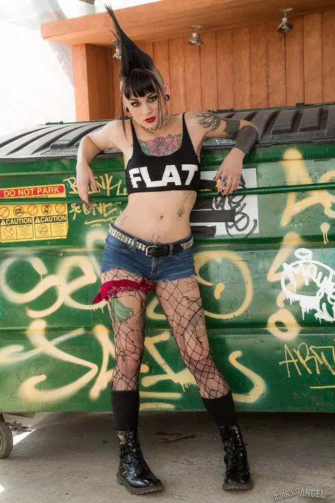Amelia Dire: Asian Brunette Pulls Down Her Fishnets to Spread in an Alley – photo 1 of 17
