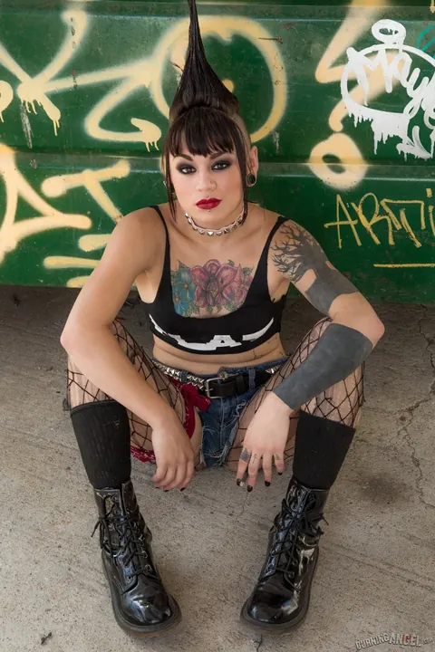 Amelia Dire: Asian Brunette Pulls Down Her Fishnets to Spread in an Alley – photo 2 of 17