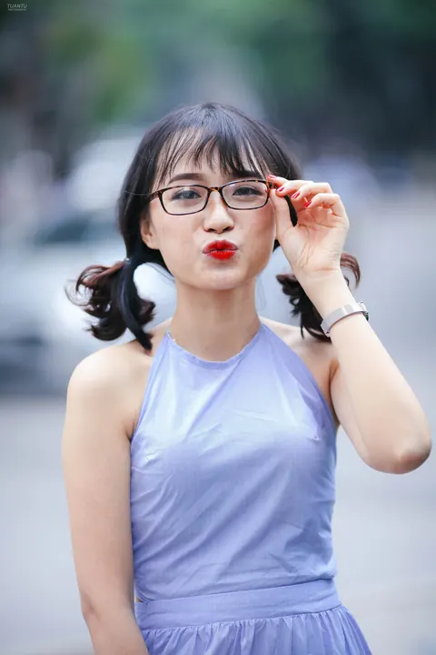 Petite Asian Babe in a Dress and Glasses Strips Outdoors – photo 9 of 21