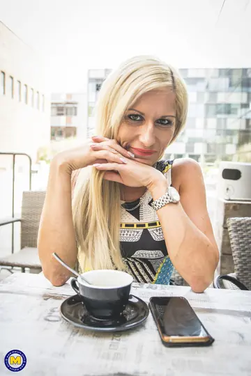 Mature European Blonde Strips Out of Her Skirt Outdoors in Stockings