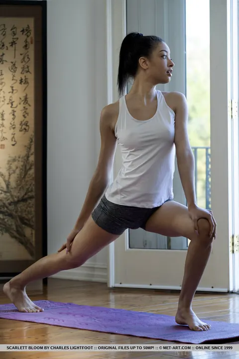 Scarlett Bloom: Tall Ebony Brunette Spreads After Yoga in Shorts – photo 2 of 18