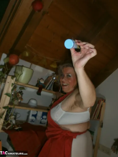 Blonde BBW in Stockings Masturbates with a Cucumber and a Dildo – photo 4 of 20