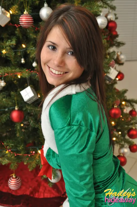 Hailey Leigh: Slim Brunette with Big Tits Lifts Her Skirt for Christmas – photo 6 of 12