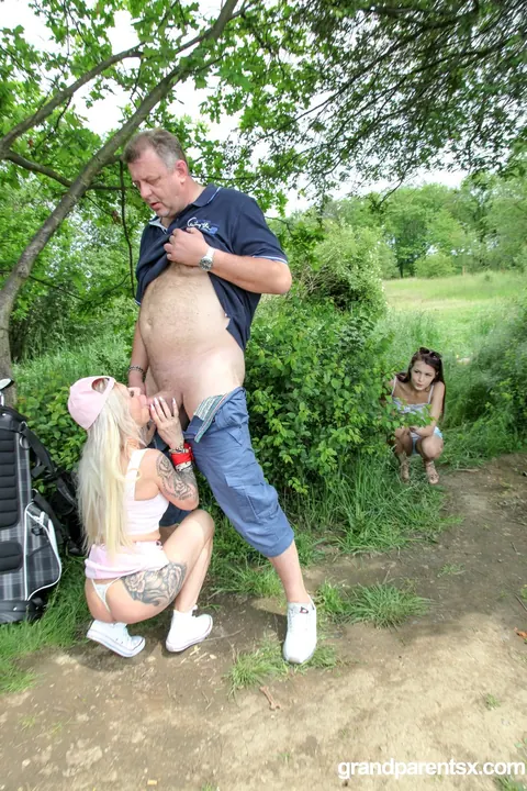 Cindy Shine: Blonde and Brunette in Panties Share Old Man Outdoors – photo 3 of 21