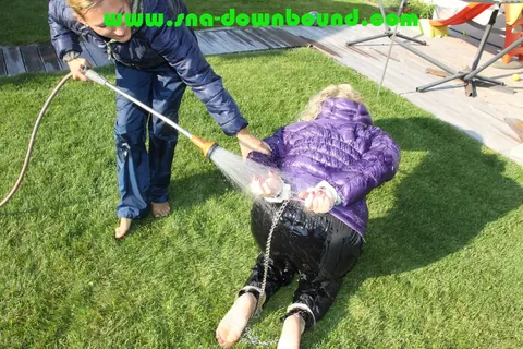 Thick Blonde in Pigtails Bound and Soaked on the Garden Lawn – photo 10 of 16