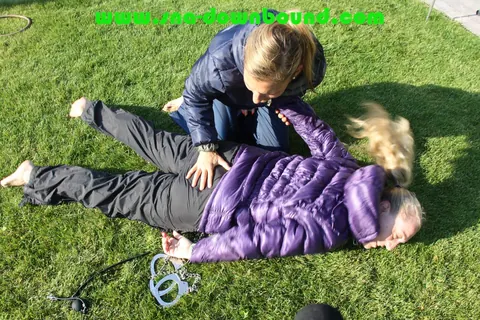 Thick Blonde in Pigtails Bound and Soaked on the Garden Lawn – photo 5 of 16