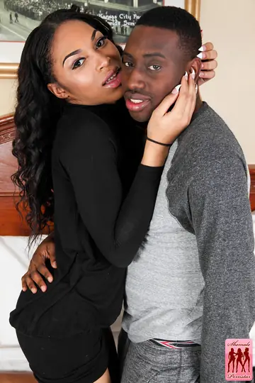 Ebony Trans Woman Licks His Balls and Kisses Him Before Fucking