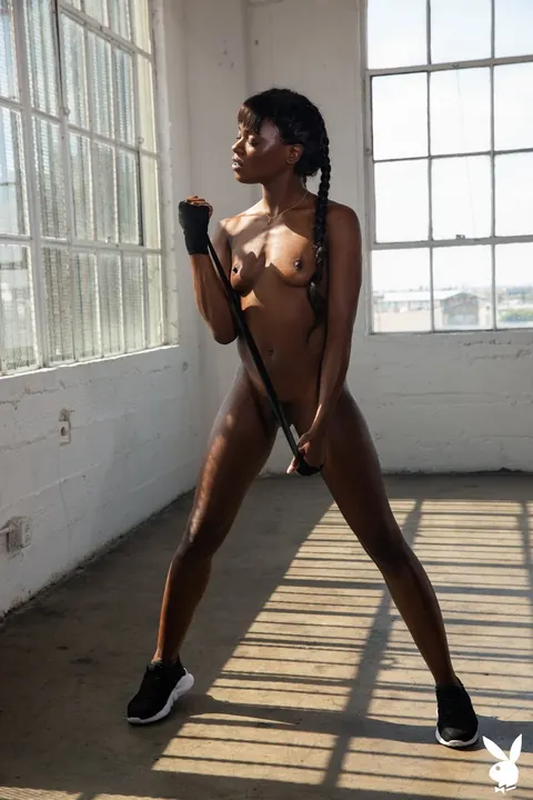 Ana Foxxx: Tall Ebony Brunette Strips and Spreads in the Gym – photo 6 of 17