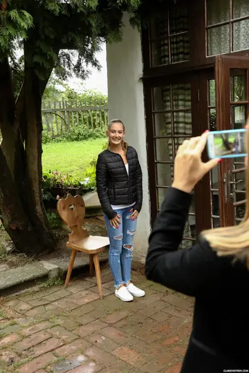 Tiffany Tatum – Blonde European Babes Undress in Jeans and Spread on the Patio