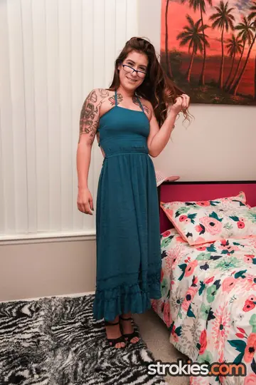 Brunette in Glasses and Skirt Gives a Handjob and Spreads