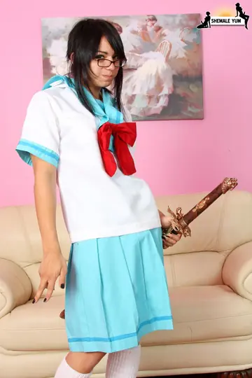Trans Woman in Lingerie and Uniform Strips to Pose Nude
