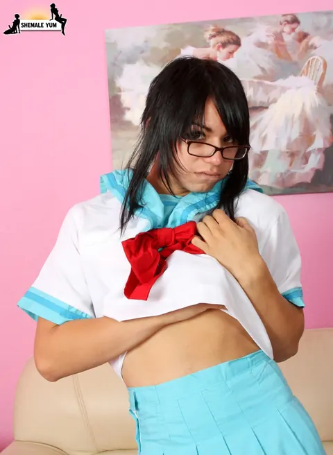 Trans Woman in Lingerie and Uniform Strips to Pose Nude – photo 3 of 16