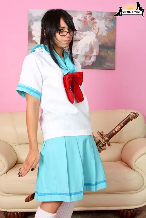 Trans Woman in Lingerie and Uniform Strips to Pose Nude – photo 2 of 16