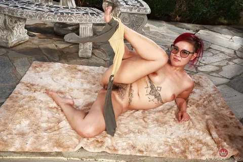 Gemma Naya: Petite Asian Redhead Pulls Pantyhose Aside and Spreads Her Hairy Pussy – photo 11 of 21