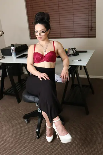 Brunette Secretary Strips Out of Her Dress and Removes Glasses in the Office
