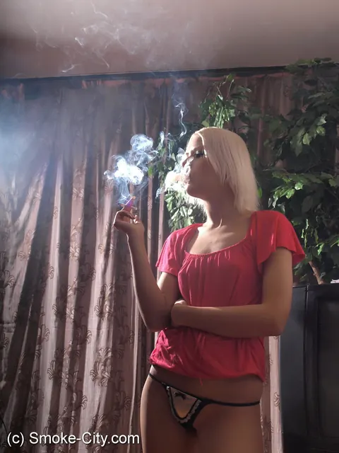 European Blonde Smokes in a Blouse and Panties – photo 13 of 16