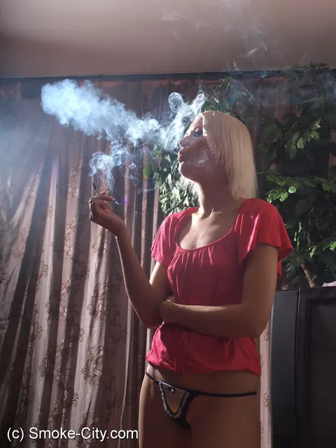 European Blonde Smokes in a Blouse and Panties – photo 11 of 16