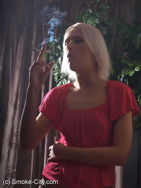 European Blonde Smokes in a Blouse and Panties – photo 8 of 16