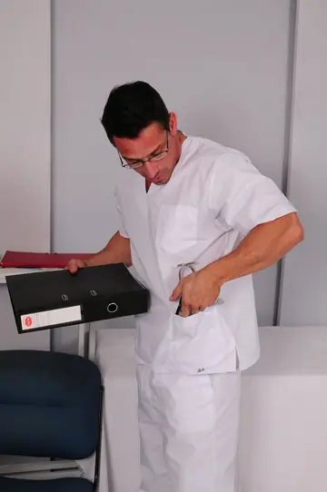 Slim Hairy Doctor Sucks Cock and Takes a Gay Cumshot