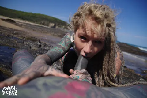 Anuskatzz: Tattooed Brunette Jerks and Sucks Cock in a Bikini on the Beach – photo 11 of 16