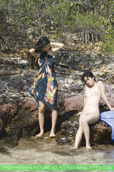 Japanese Lesbians Strip Bikinis for Hairy Outdoor Threesome – photo 4 of 16
