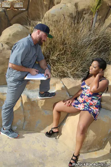 Ebony BBW in a Dress Gives a Handjob Before Anal and a Facial