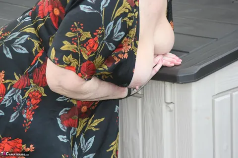 Valgasmic Exposed: BBW Redhead in Red Stockings Spreads Her Shaved Pussy in the Backyard – photo 5 of 20
