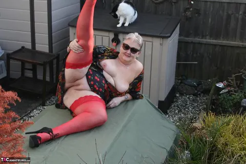 Valgasmic Exposed: BBW Redhead in Red Stockings Spreads Her Shaved Pussy in the Backyard – photo 12 of 20