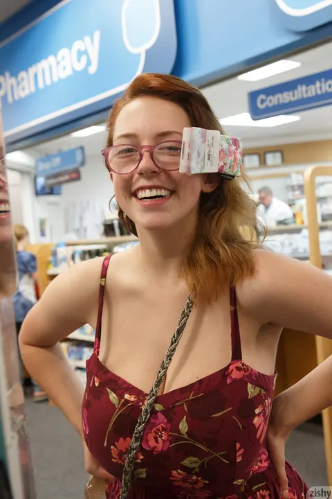 Kelsey Berneray: Redhead Flashes Her Big Natural Tits Outdoors in Glasses – photo 2 of 11