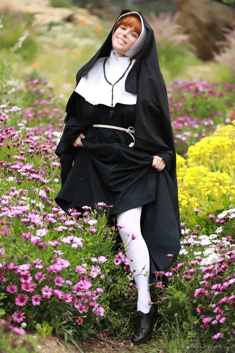Penny Pax: Pale Redhead Nun Strips Off Her Uniform and Fingers Her Hairy Pussy Outdoors – photo 2 of 21
