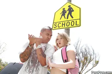 Blonde Short-Haired Babe Takes Interracial Cock Outdoors