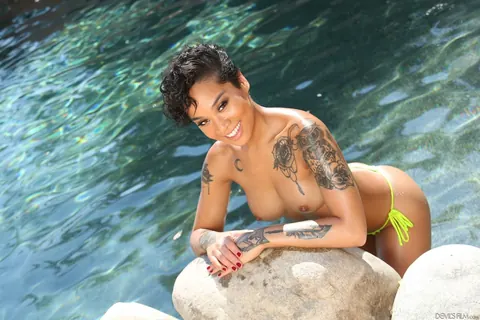 Honey Gold: Asian Babe in a Bikini Strips Nude by the Pool – photo 17 of 21