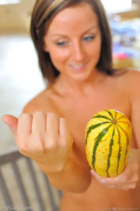 Busty Petite Babe Rides Vegetable and Fingers Her Shaved Pussy – photo 19 of 20