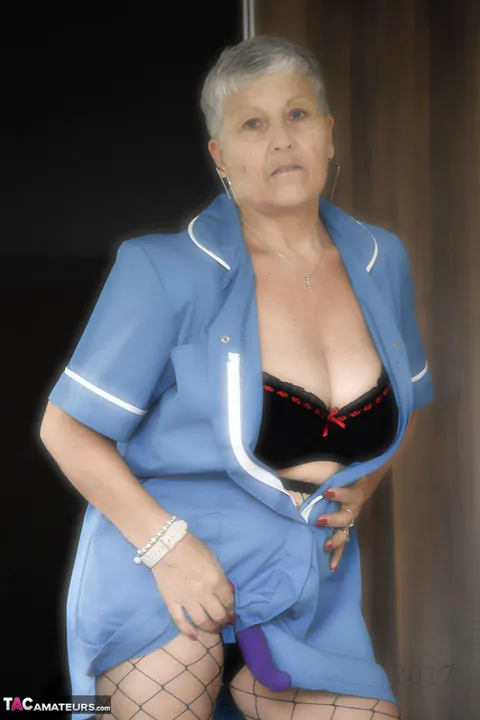 BBW with Big Tits in Fishnet Pantyhose Toys Herself – photo 20 of 20