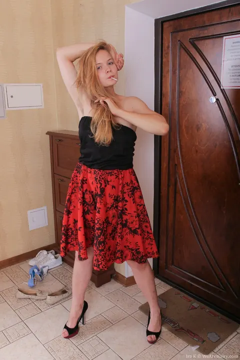 Ira K: Thick Ukrainian Redhead Strips and Shows Her Hairy Pussy on the Stairs – photo 3 of 18