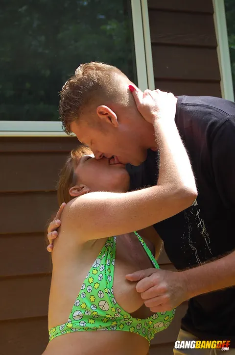 Dee Delmar: Busty Redhead MILF in a Bikini Sucks Two Men and Takes Anal Outdoors – photo 2 of 14