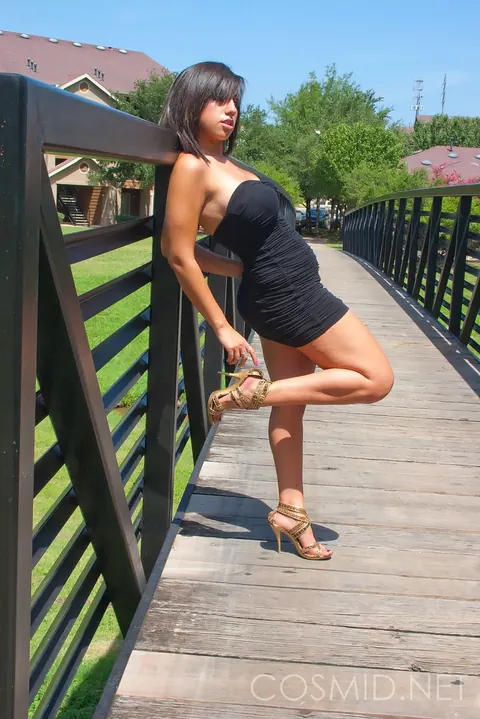 Shami Halil: Brunette with Huge Natural Tits Spreads Outdoors in a Tight Dress – photo 6 of 16
