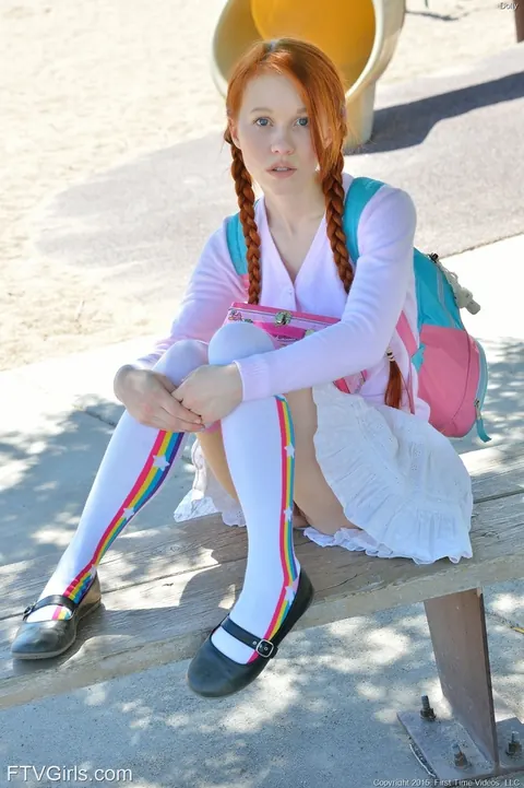 Skinny Redhead in Uniform Toys Her Pussy Outdoors – photo 6 of 15