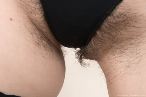 Slava Sanina: Brunette in Stockings Strips Naked and Spreads Her Hairy Pussy – photo 5 of 16
