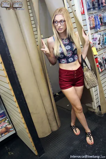Slim Blonde in Shorts and Glasses Takes Cum on Her Face and in Mouth