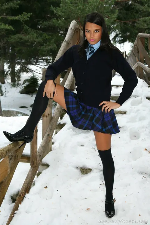 Sasha Cane: Busty Brunette Strips Out of Her Uniform and Heels Outdoors – photo 4 of 21