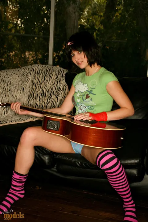 Ellie Idol: Brunette PAWG Pulls Panties Aside in Striped Socks – photo 2 of 16