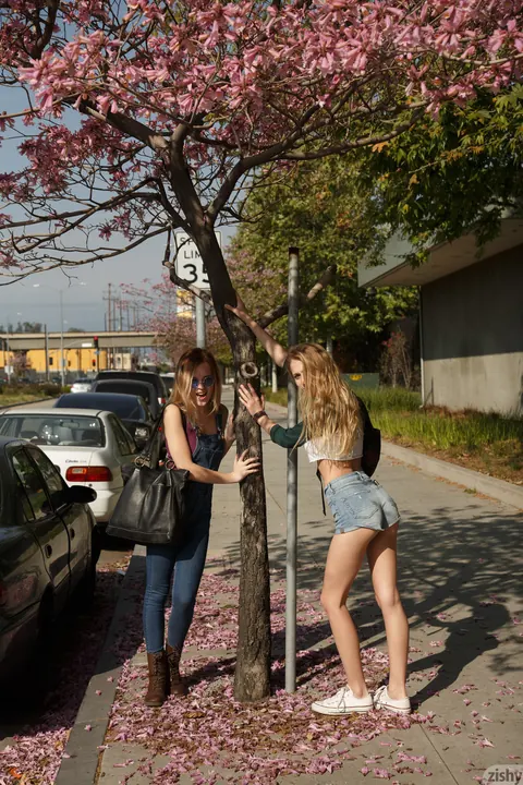 Riley Anne: Two Blondes in Glasses and Boots Flash and Spread in Public – photo 4 of 11