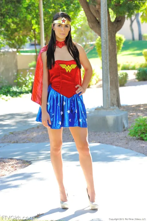 Alannah Monroe: Brunette in Costume Flashes Her Pussy Outdoors in High Heels – photo 11 of 20