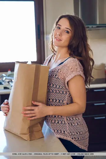 Sybil A Kailena – Petite European Brunette Strips Nude on the Kitchen Counter