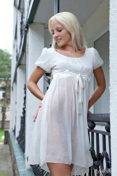 European Blonde Strips Out of Her White Dress Outdoors – photo 2 of 16