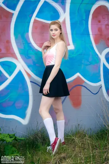 Pale Blonde Amateur Strips Out of Her Skirt Outdoors