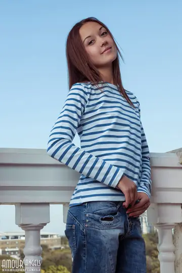 Veselin – Brunette in Jeans Strips to Show Her Shaved Pussy