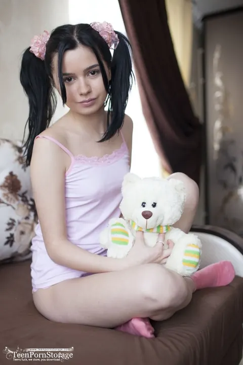 Adele Rozie: Brunette in Lingerie with Pigtails Plays with a Dildo and Spreads – photo 3 of 20